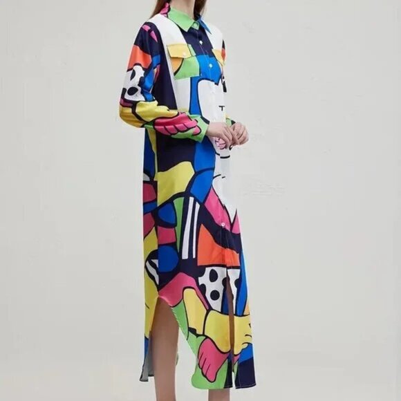 Art Decor Geometric Button Down Straight Fit Long Dress - Picture 5 of 10